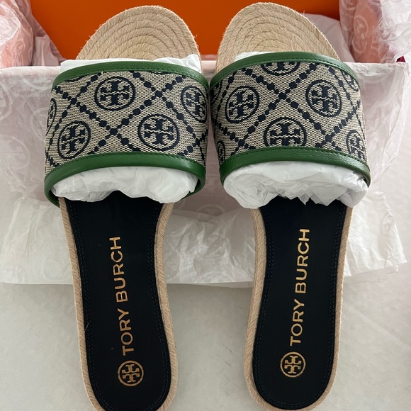 Tory Burch T Monogram Jaquard Canvas-leather espadrille slides - Picture 2 of 9